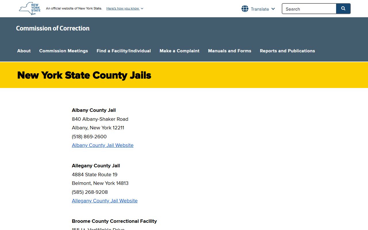 New York county jail directory for booking releases