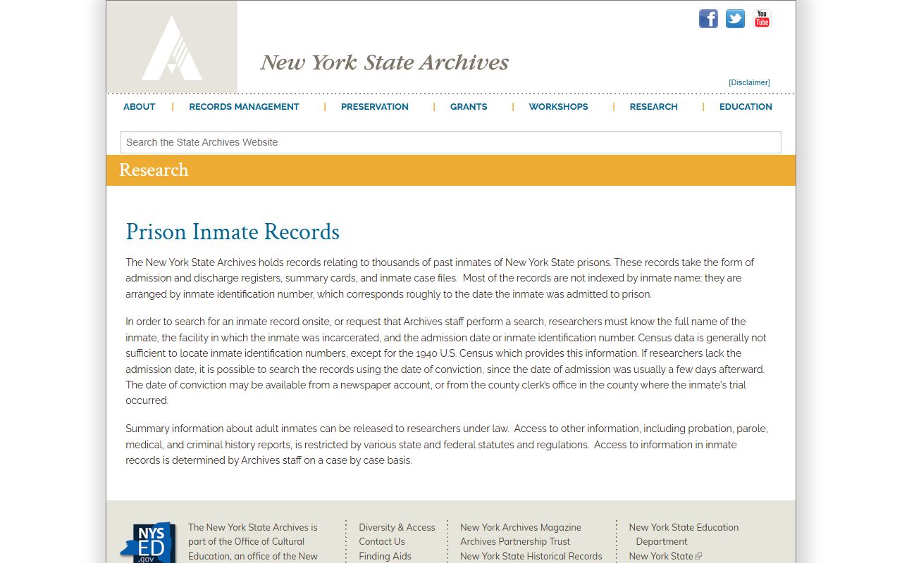 New York Archives prison records booking releases